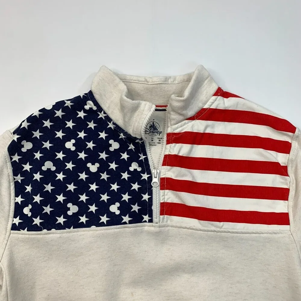 Disney USA Flag Sweater Mens S Small Cream Quarter Zip Patriotic Mickey Mouse